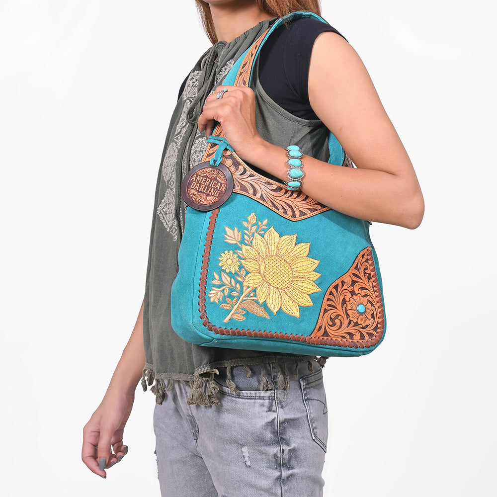 American Darling Luxury Hand-Tooled Leather Hobo Purse for Women, Cowhide Hair-on Shoulder Bag
