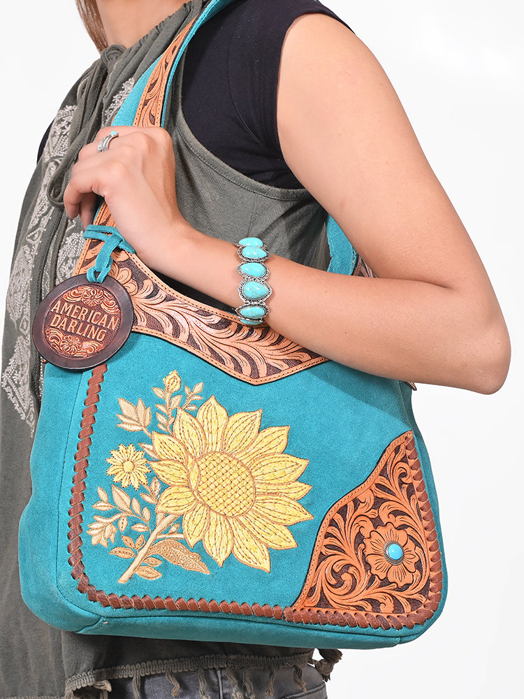 American Darling Luxury Hand-Tooled Leather Hobo Purse for Women, Cowhide Hair-on Shoulder Bag