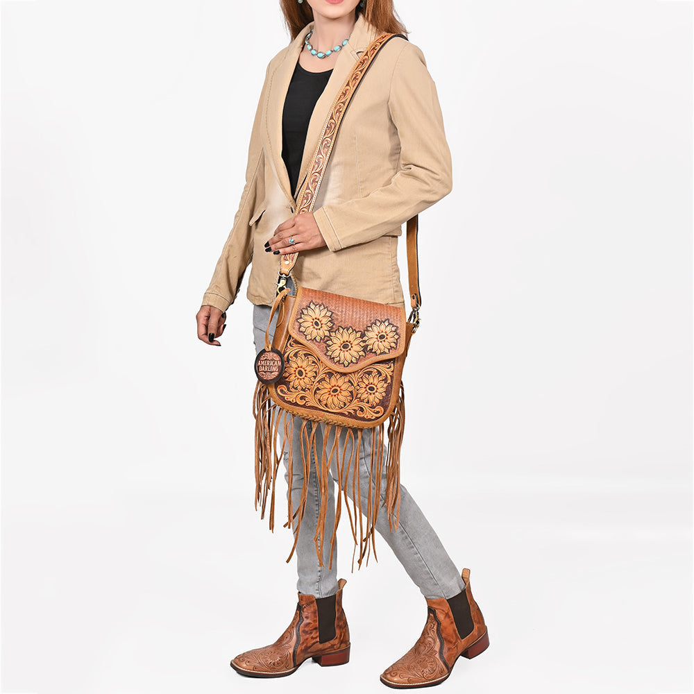 American Darling Sunflower Tooled Leather Fringe Crossbody Bag – Western Boho Handcrafted Purse