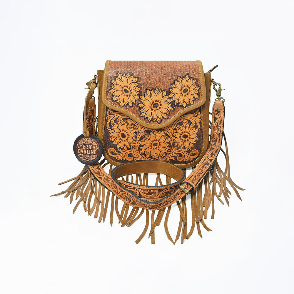 American Darling Sunflower Tooled Leather Fringe Crossbody Bag – Western Boho Handcrafted Purse