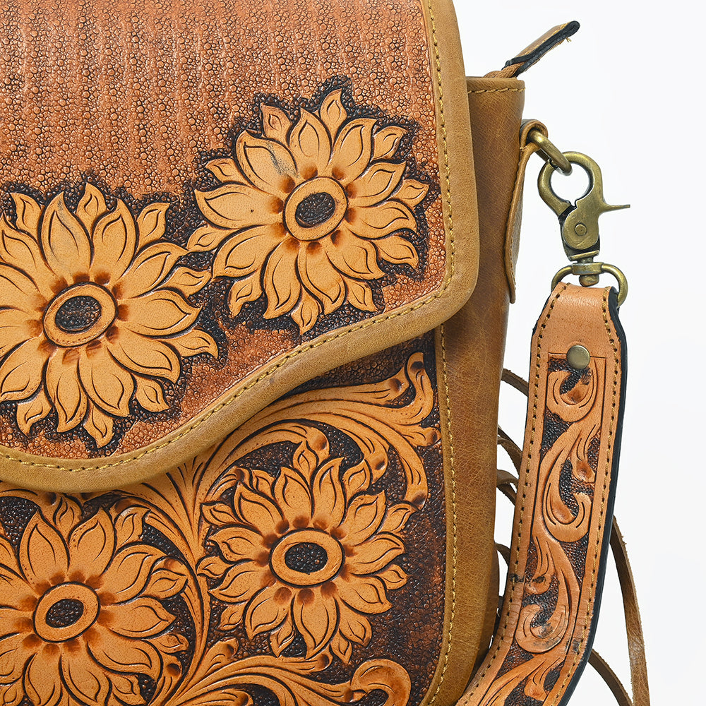 American Darling Sunflower Tooled Leather Fringe Crossbody Bag – Western Boho Handcrafted Purse