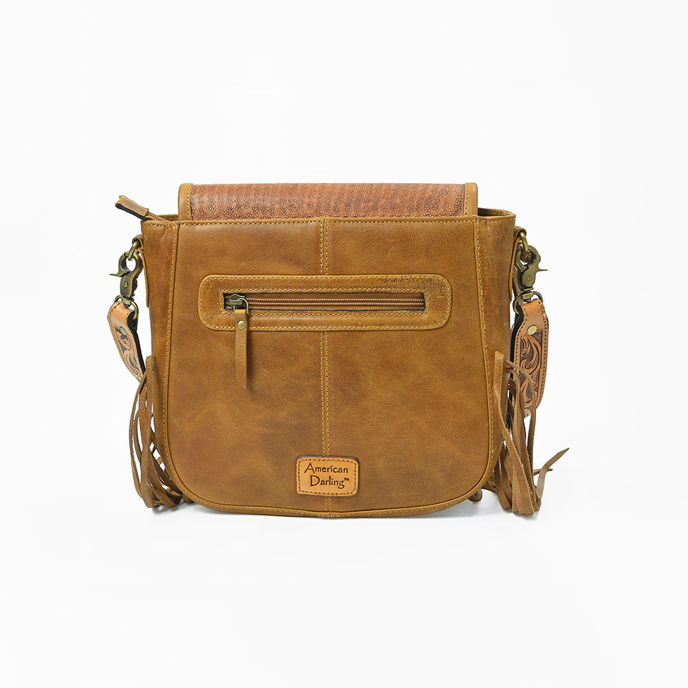 American Darling Sunflower Tooled Leather Fringe Crossbody Bag – Western Boho Handcrafted Purse