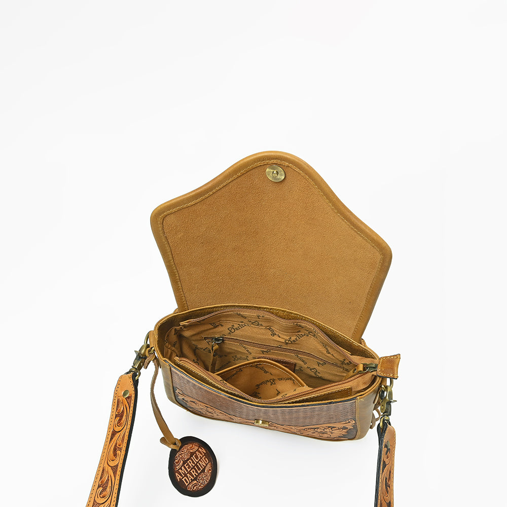 American Darling Sunflower Tooled Leather Fringe Crossbody Bag – Western Boho Handcrafted Purse