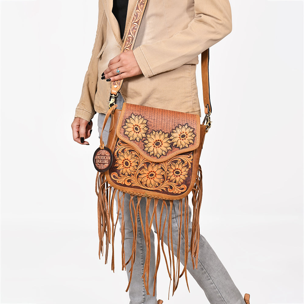 American Darling Sunflower Tooled Leather Fringe Crossbody Bag – Western Boho Handcrafted Purse