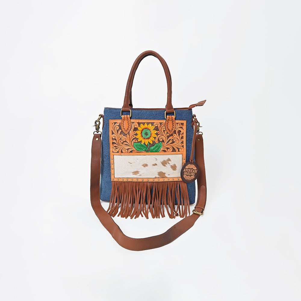 American Darling Women's  Western Tote Bag with Sunflower Tooling Patch Hair-On Hide  Fringe and Adjustable Strap