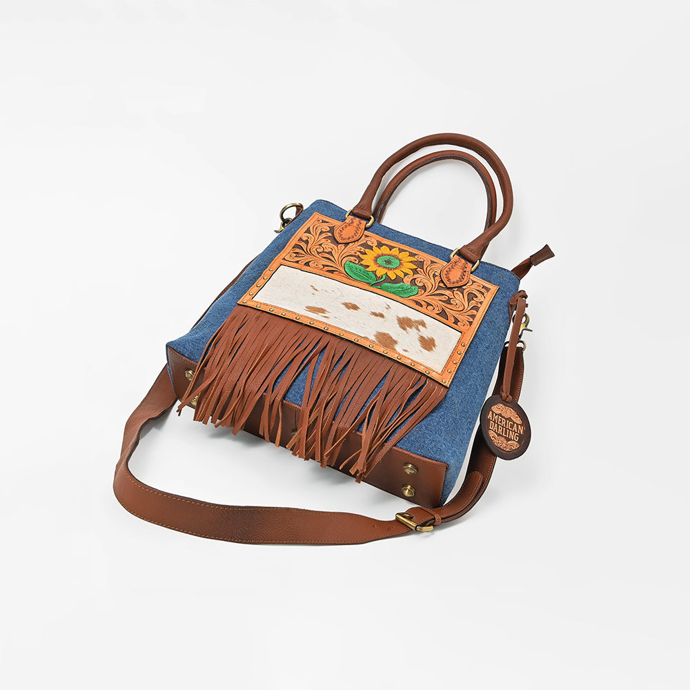 American Darling Women's  Western Tote Bag with Sunflower Tooling Patch Hair-On Hide  Fringe and Adjustable Strap