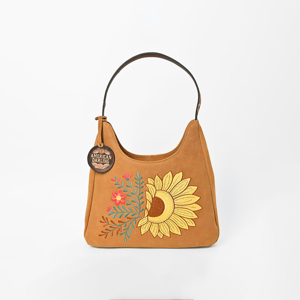 American Darling Women's Genuine Suede Leather Sunflower Embroidered Shoulder Hobo Handbag Tan Boutique Fashion Purse