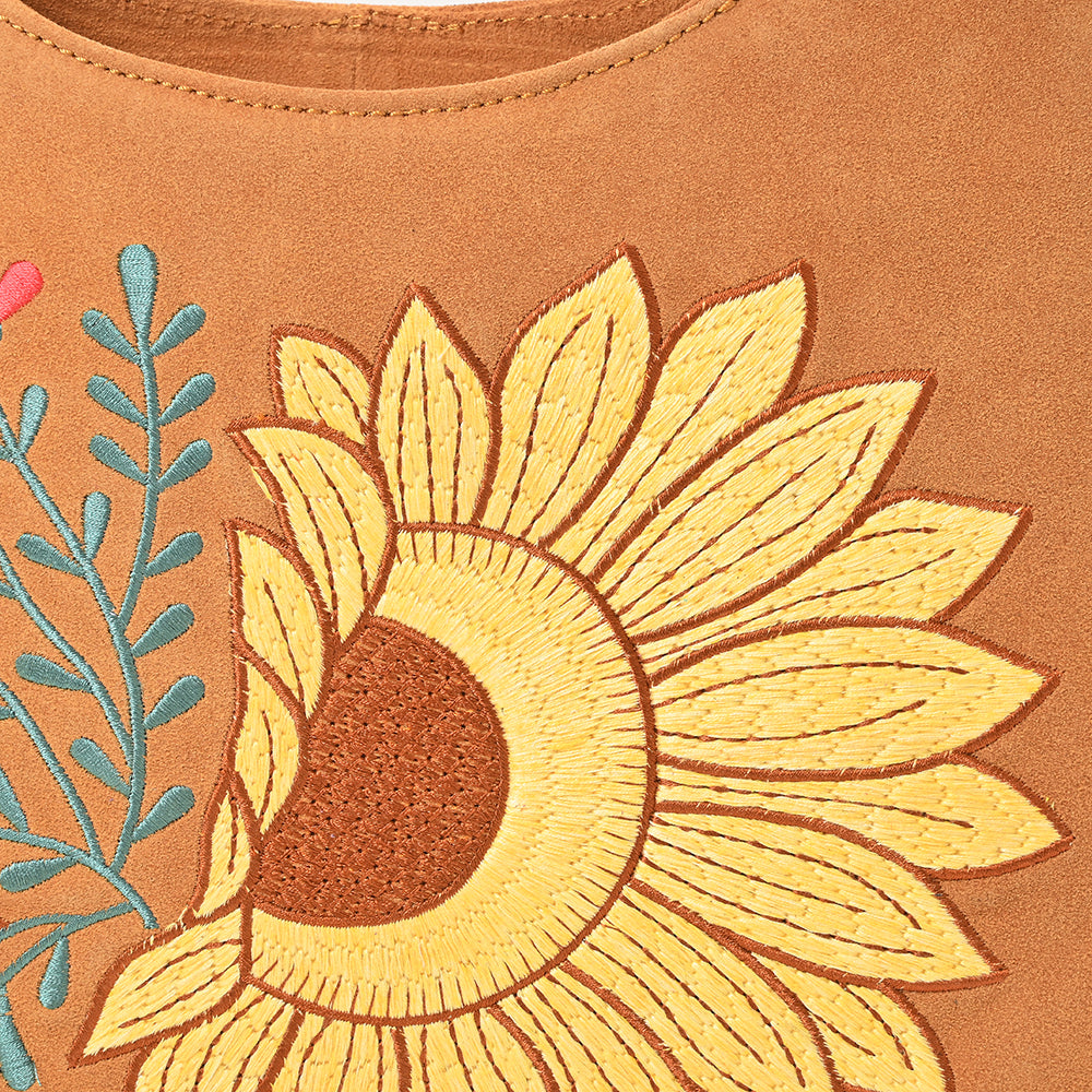 American Darling Women's Genuine Suede Leather Sunflower Embroidered Shoulder Hobo Handbag Tan Boutique Fashion Purse