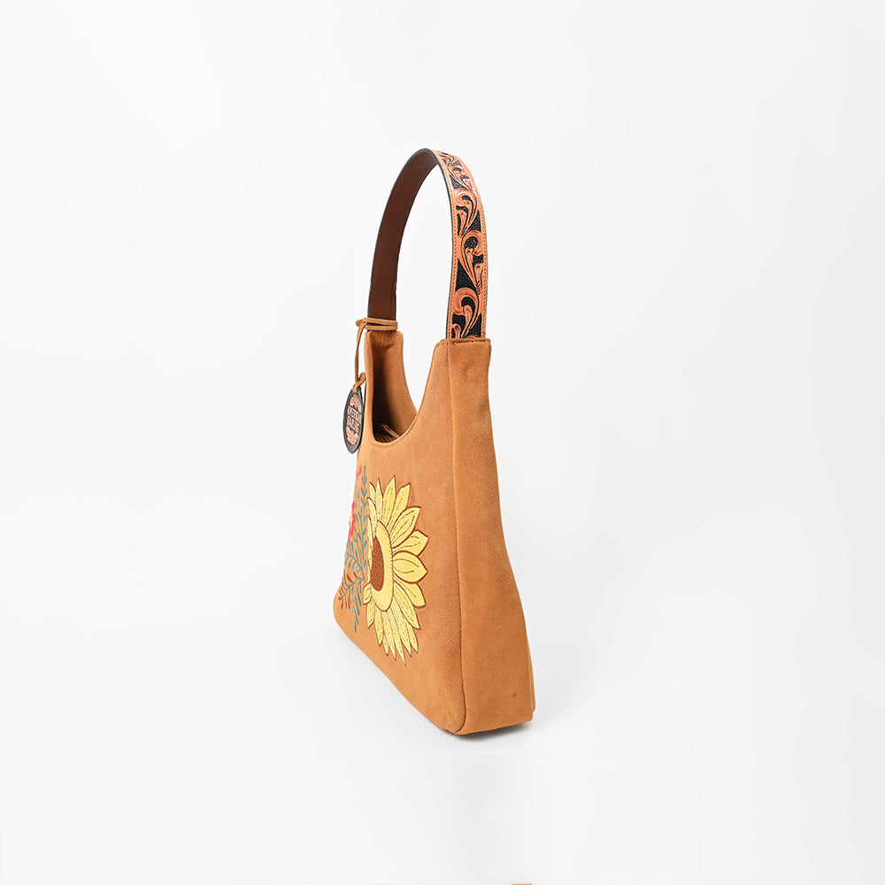 American Darling Women's Genuine Suede Leather Sunflower Embroidered Shoulder Hobo Handbag Tan Boutique Fashion Purse