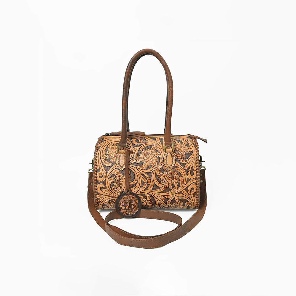 American Darling Hand-Tooled Leather Barrel Speedy Bag – Classic Western Floral Design