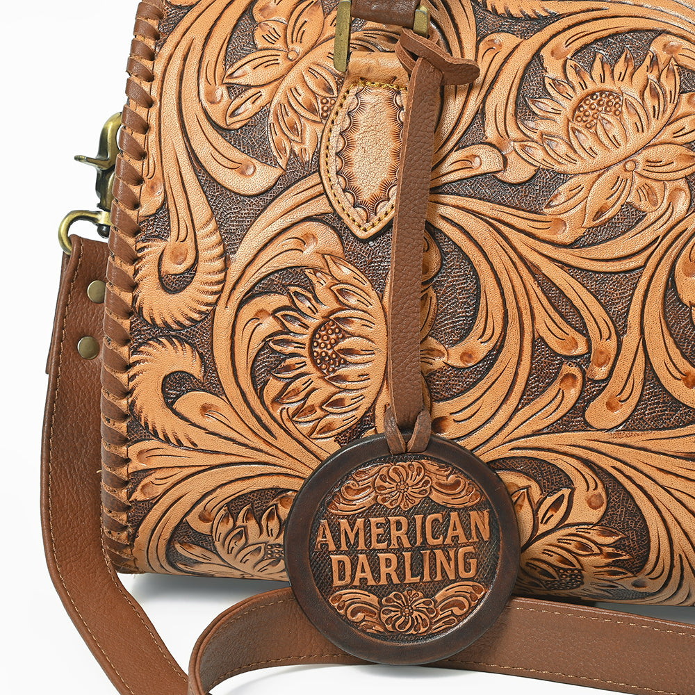 American Darling Hand-Tooled Leather Barrel Speedy Bag – Classic Western Floral Design
