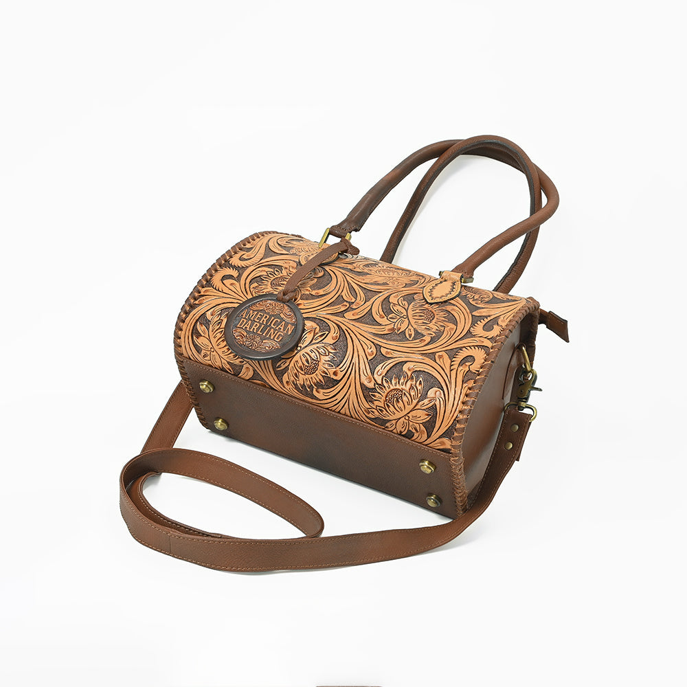 American Darling Hand-Tooled Leather Barrel Speedy Bag – Classic Western Floral Design