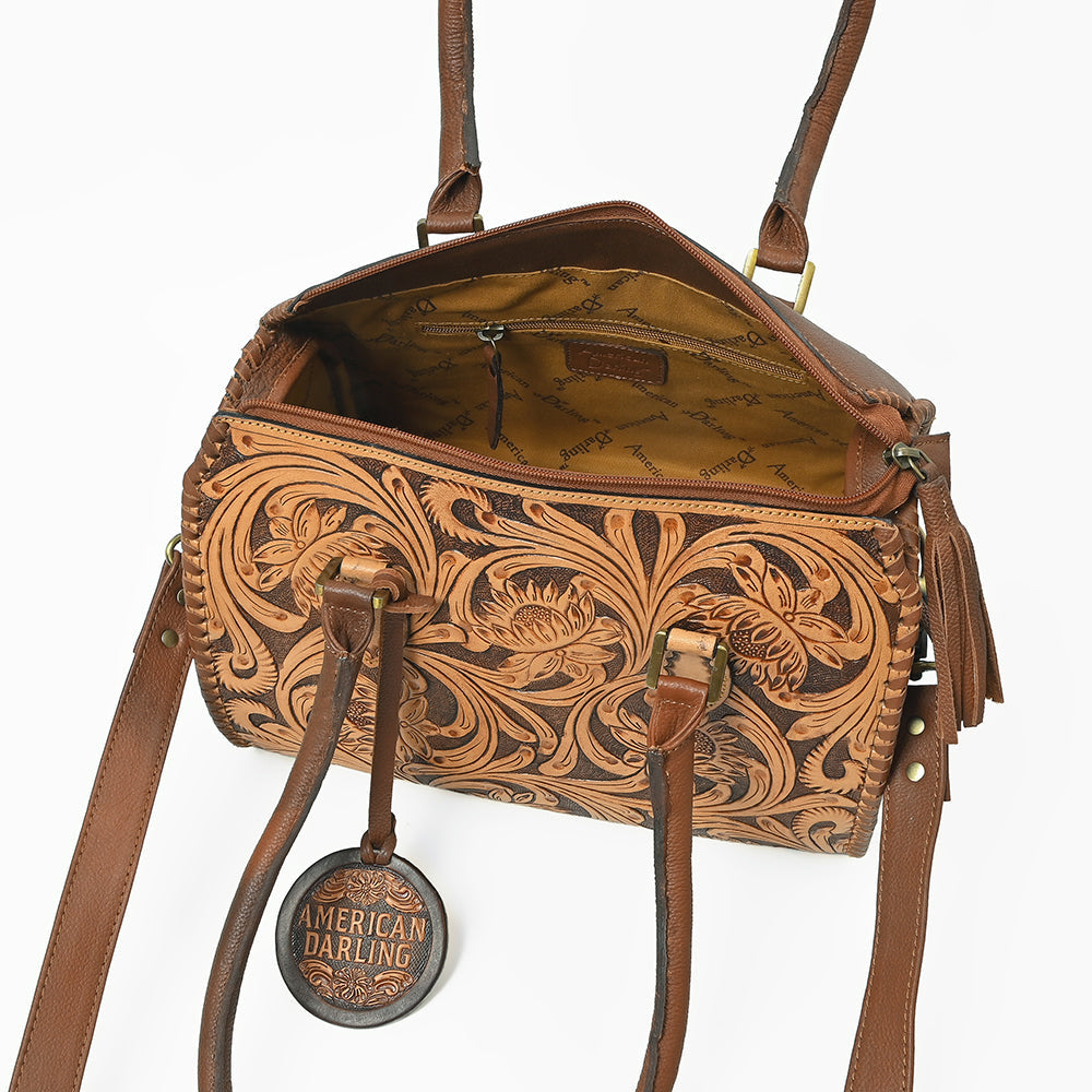 American Darling Hand-Tooled Leather Barrel Speedy Bag – Classic Western Floral Design