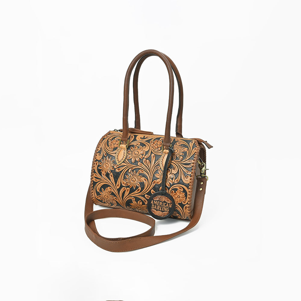 American Darling Hand-Tooled Leather Barrel Speedy Bag – Classic Western Floral Design