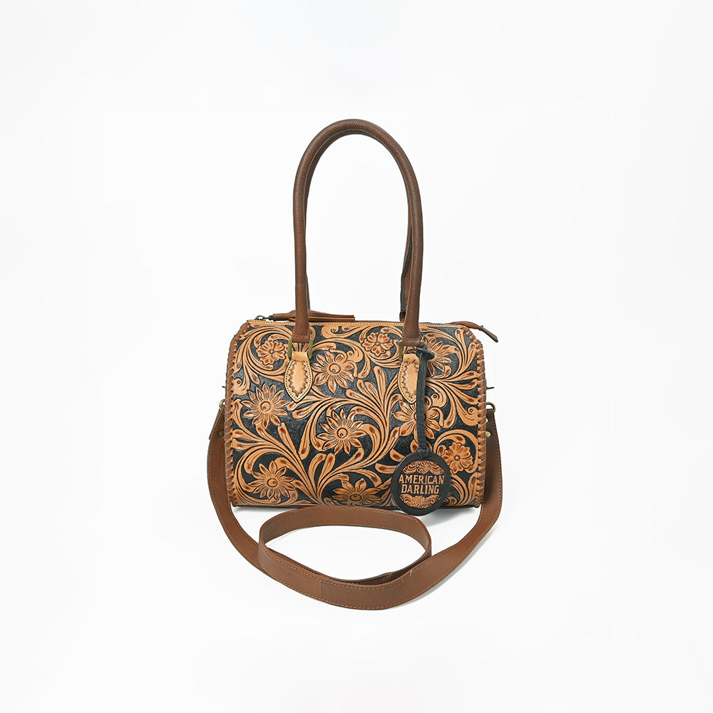 American Darling Hand-Tooled Leather Barrel Speedy Bag – Classic Western Floral Design
