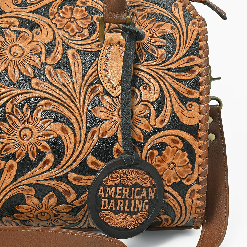 American Darling Hand-Tooled Leather Barrel Speedy Bag – Classic Western Floral Design