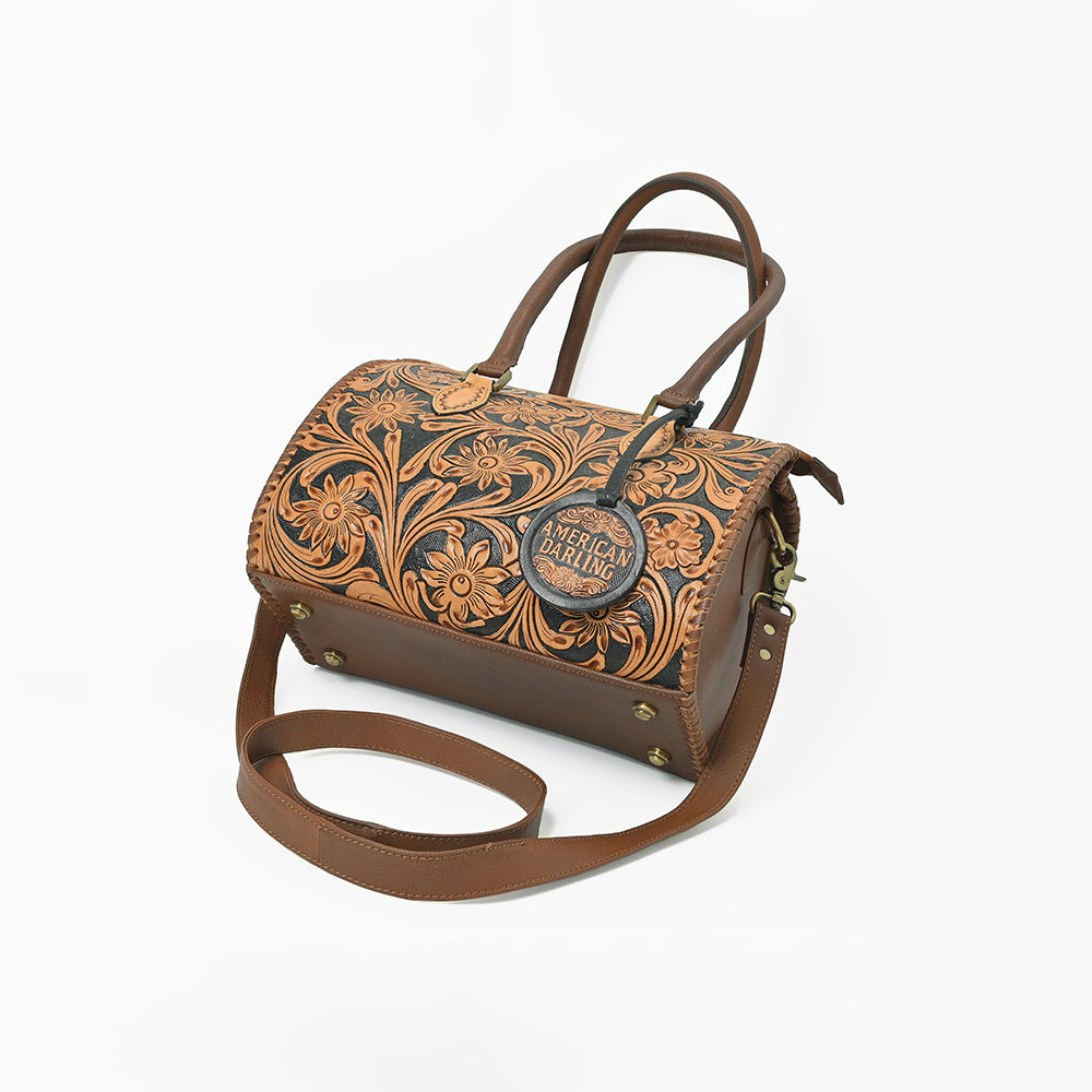 American Darling Hand-Tooled Leather Barrel Speedy Bag – Classic Western Floral Design