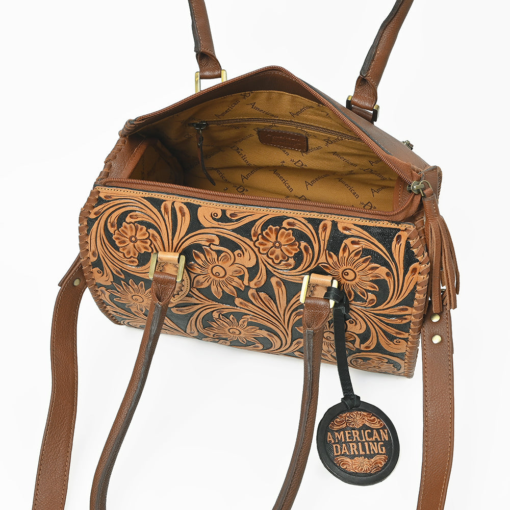 American Darling Hand-Tooled Leather Barrel Speedy Bag – Classic Western Floral Design