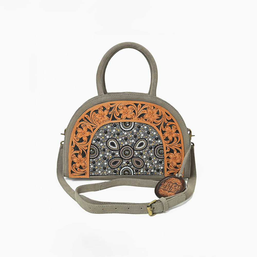 American Darling Western Leather Dome Satchel with Hand-Tooled Floral & Embellished Panel