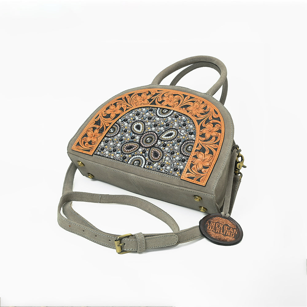 American Darling Western Leather Dome Satchel with Hand-Tooled Floral & Embellished Panel