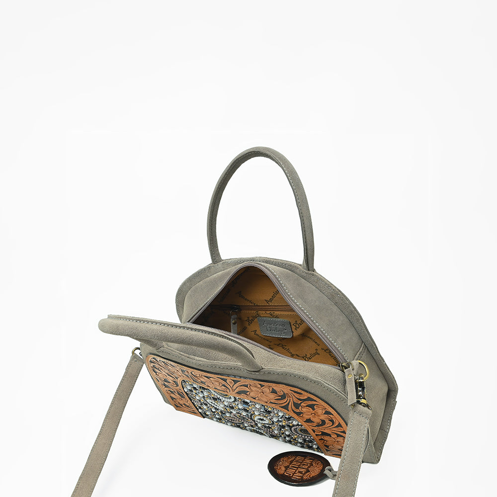 American Darling Western Leather Dome Satchel with Hand-Tooled Floral & Embellished Panel
