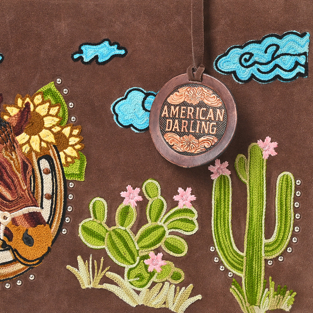 American Darling Western Horse Cactus Leather Tote Bag
