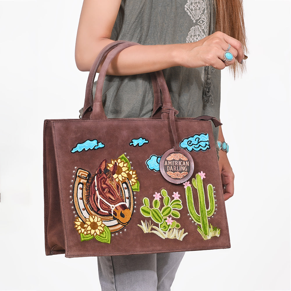 American Darling Western Horse Cactus Leather Tote Bag