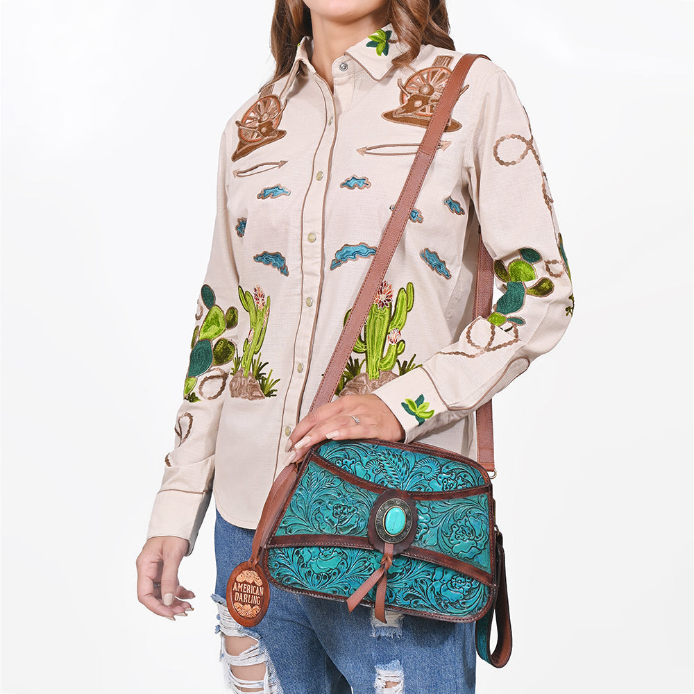 American Darling Western Turquoise Floral Tooled Leather Wristlet & Crossbody Bag with Concho