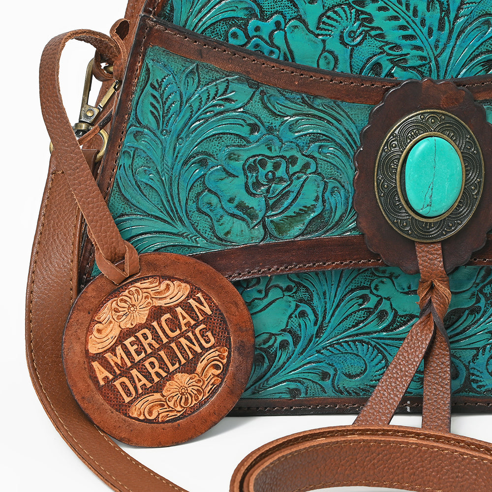 American Darling Western Turquoise Floral Tooled Leather Wristlet & Crossbody Bag with Concho