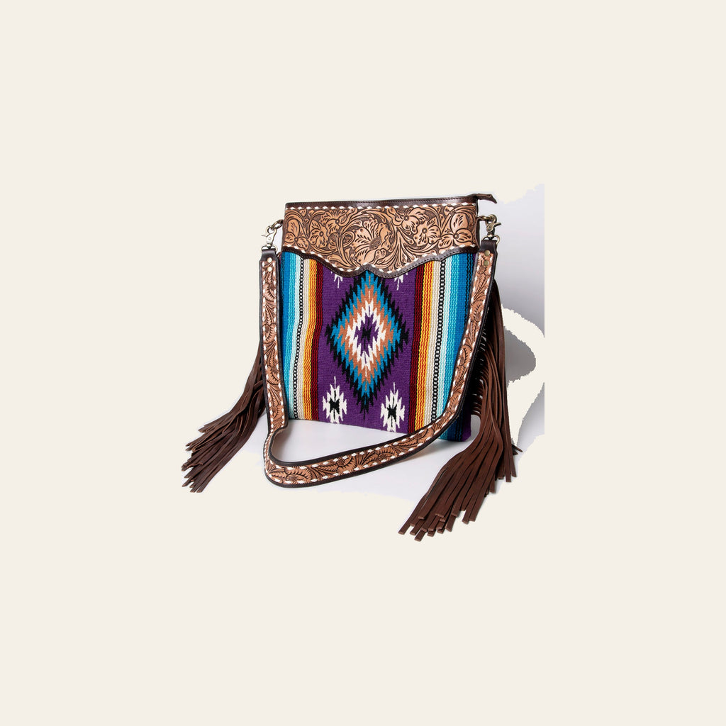 American Darling Cross body Bag Western Hand Tooled Floral Genuine Leather with Hand Woven Saddle Blanket and Fringes
