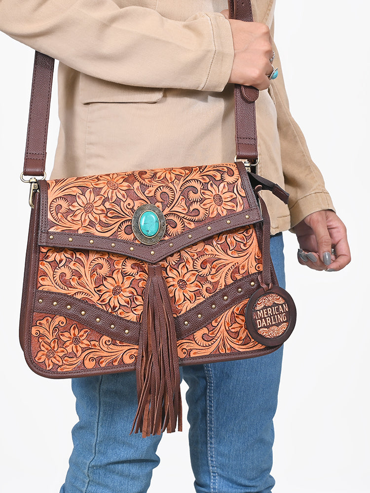 American Darling Western Tooled Fringe Shoulder Purse