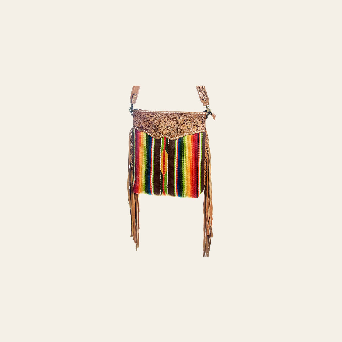 American Darling Cross body Bag Western Hand Tooled Floral Genuine Leather with Hand Woven Saddle Blanket and Fringes