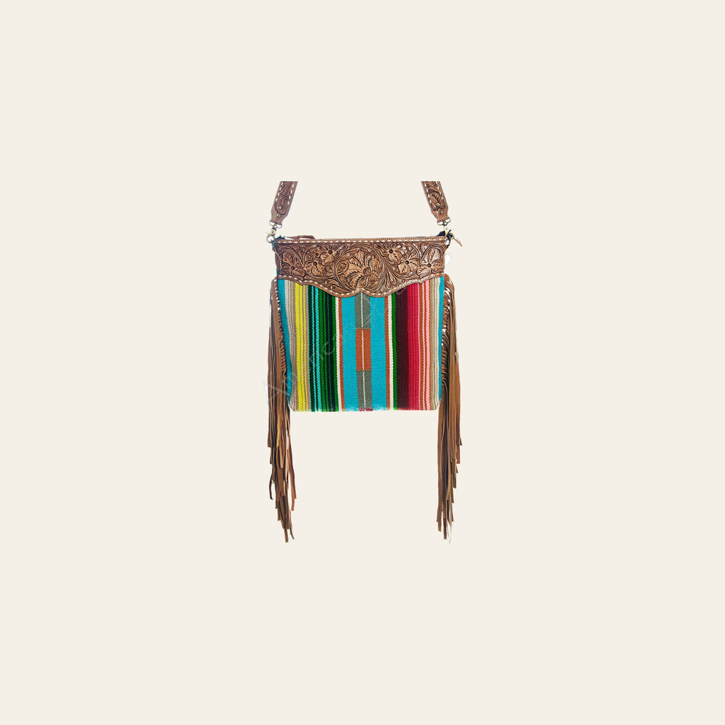 American Darling Cross body Bag Western Hand Tooled Floral Genuine Leather with Hand Woven Saddle Blanket and Fringes