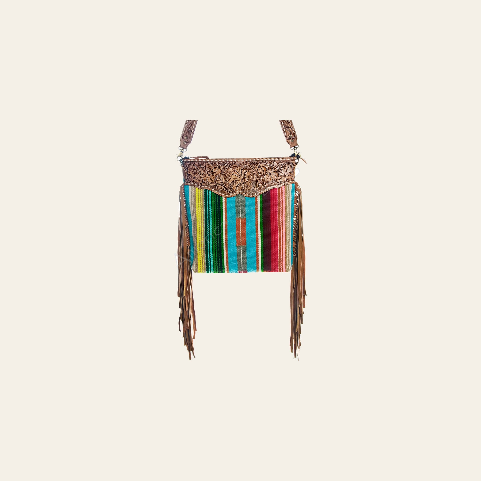 American Darling Cross body Bag Western Hand Tooled Floral Genuine Leather with Hand Woven Saddle Blanket and Fringes