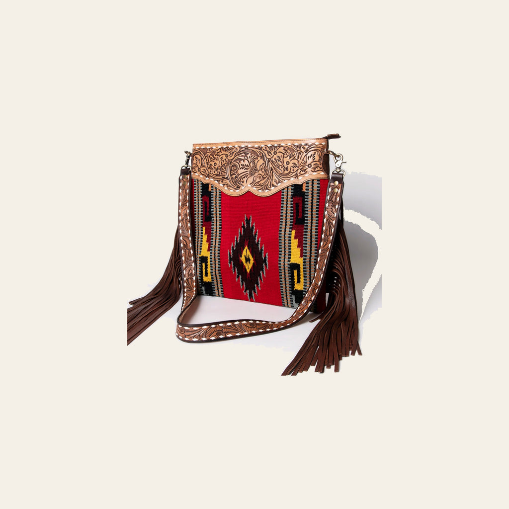 American Darling Large Cross body Bag, Hand Tooled Floral Leather & Woven Saddle Blanket Purse with Fringe and Buck Stitching