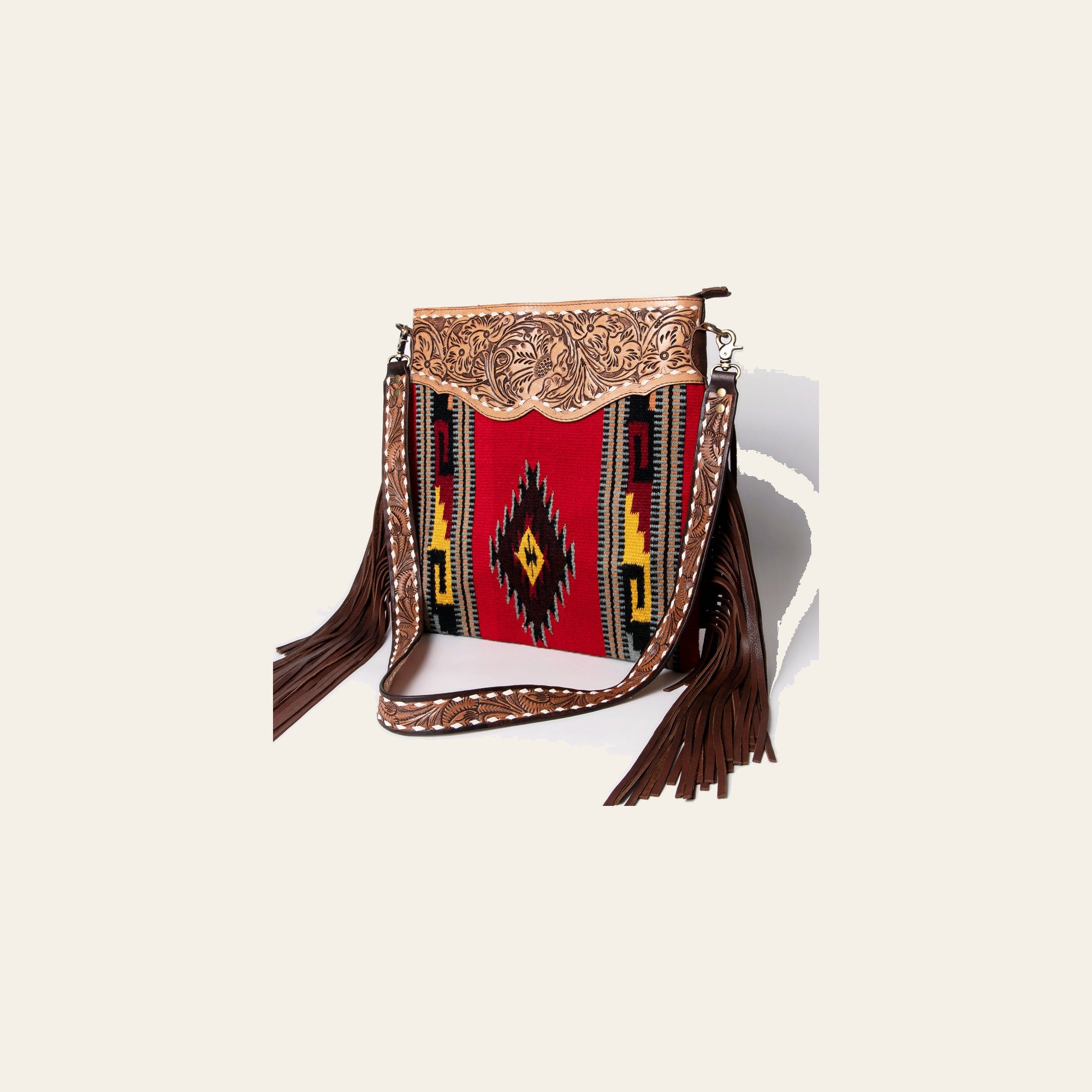American Darling Large Cross body Bag, Hand Tooled Floral Leather & Woven Saddle Blanket Purse with Fringe and Buck Stitching