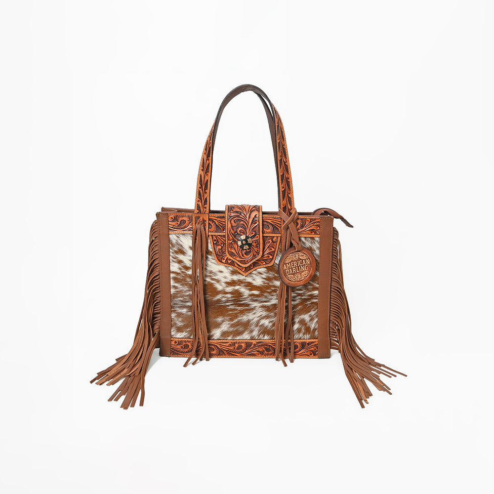 American Darling Genuine Leather Hair-On Cowhide Tooled Fringe Tote Bag