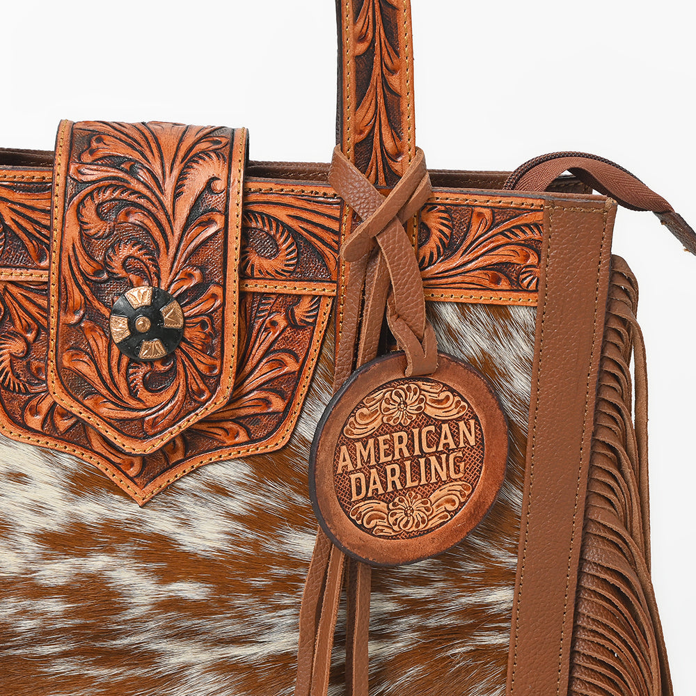 American Darling Genuine Leather Hair-On Cowhide Tooled Fringe Tote Bag