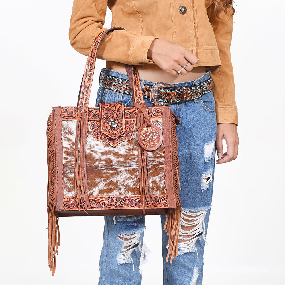 American Darling Genuine Leather Hair-On Cowhide Tooled Fringe Tote Bag