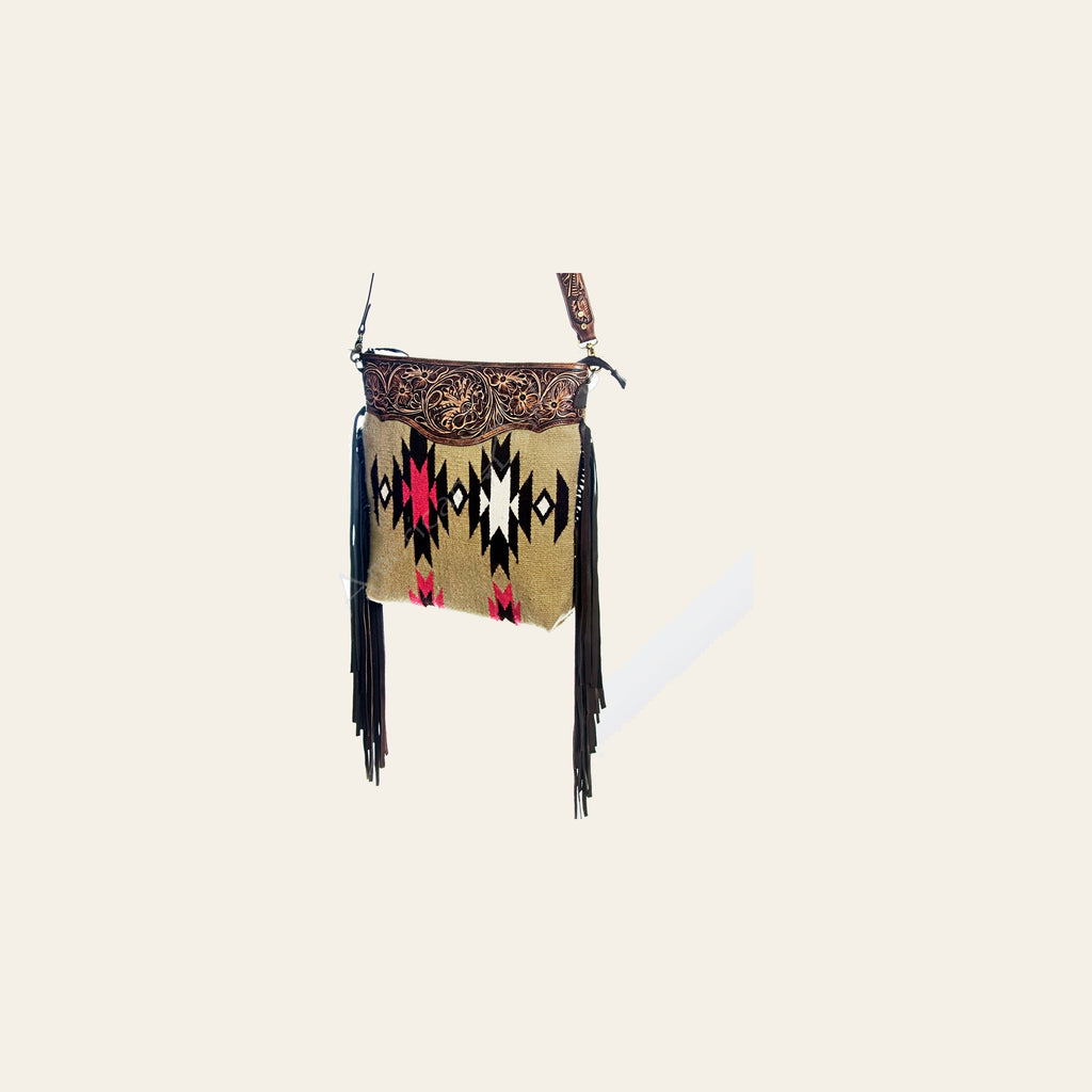 American Darling Large Cross body Bag, Hand Tooled Floral Leather & Woven Saddle Blanket Purse with Fringe and YKK Zipper