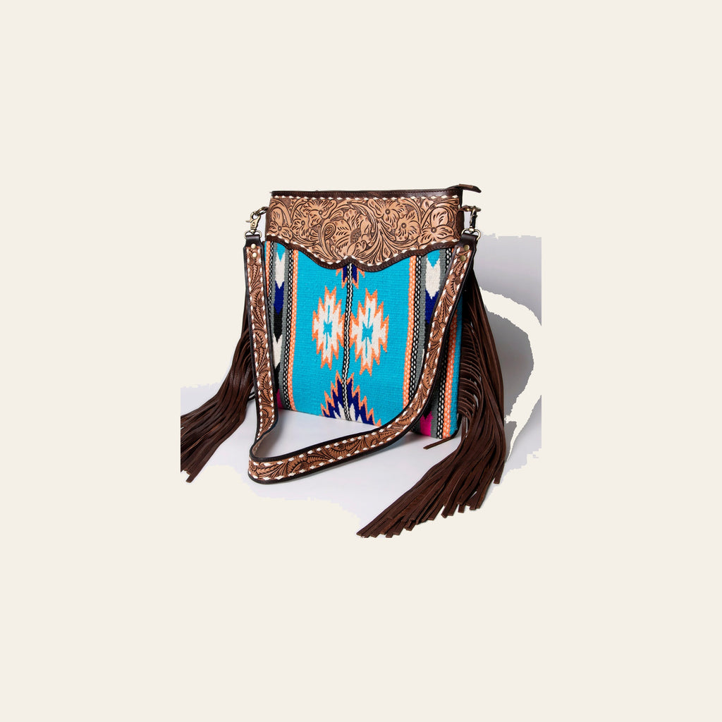 American Darling Large Cross body Bag, Hand Tooled Floral Leather & Woven Saddle Blanket Purse with Fringe and Buck Stitching