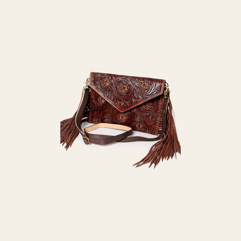 American Darling Large Cross body Bag, Hand Tooled Floral Leather & Woven Saddle Blanket Purse with Fringe and Buck Stitching