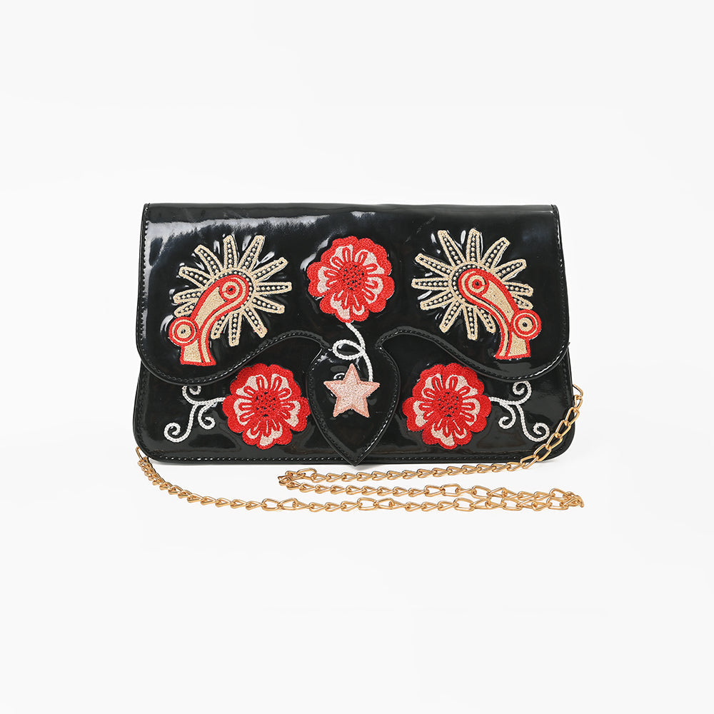 American Darling Black Genuine Leather Western Crossbody Clutch with Embroidered Cowboy Boots Floral Design Gold Chain Strap