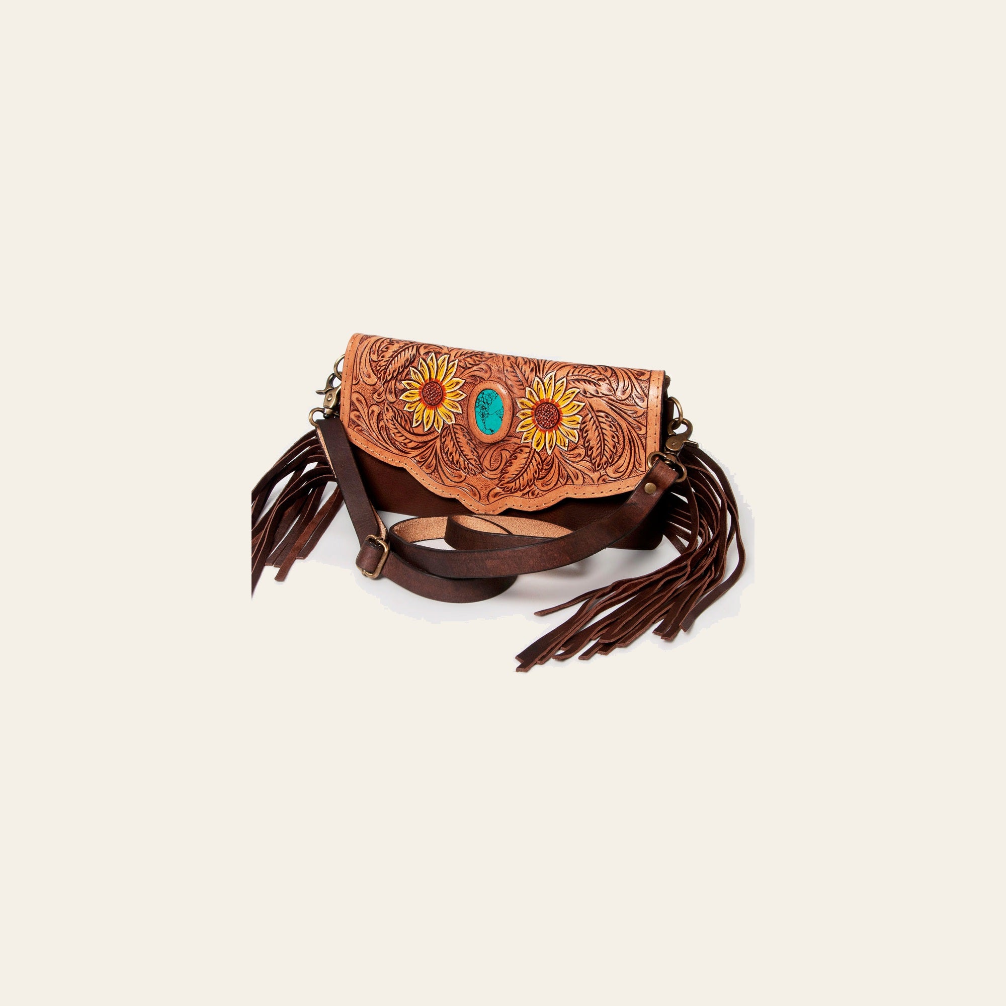 American Darling Wallet, Hand Tooled Floral Leather Crossbody Purse with Fringe, Turquoise Stone and YKK Zipper