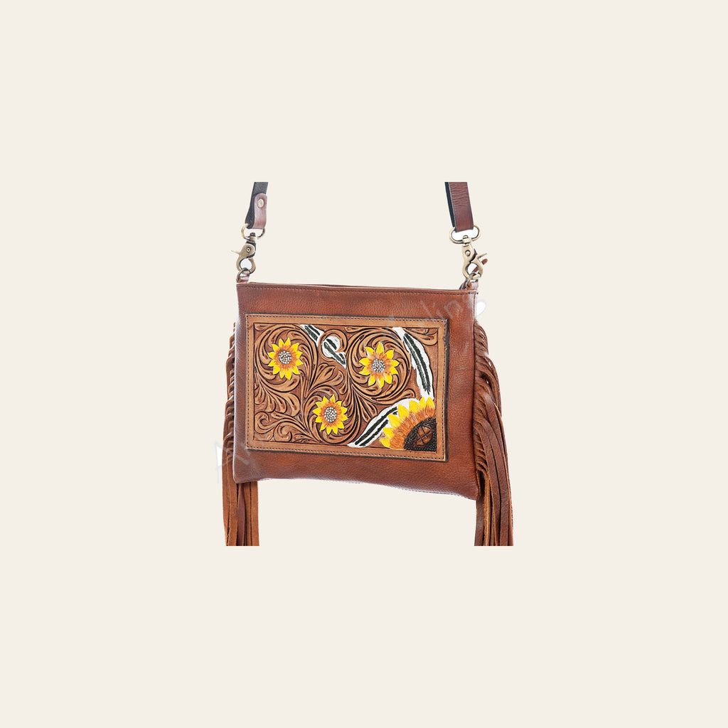 American Darling Large Cross body Bag Hand Tooled Floral Carved Genuine Leather with Fringes Western Purse