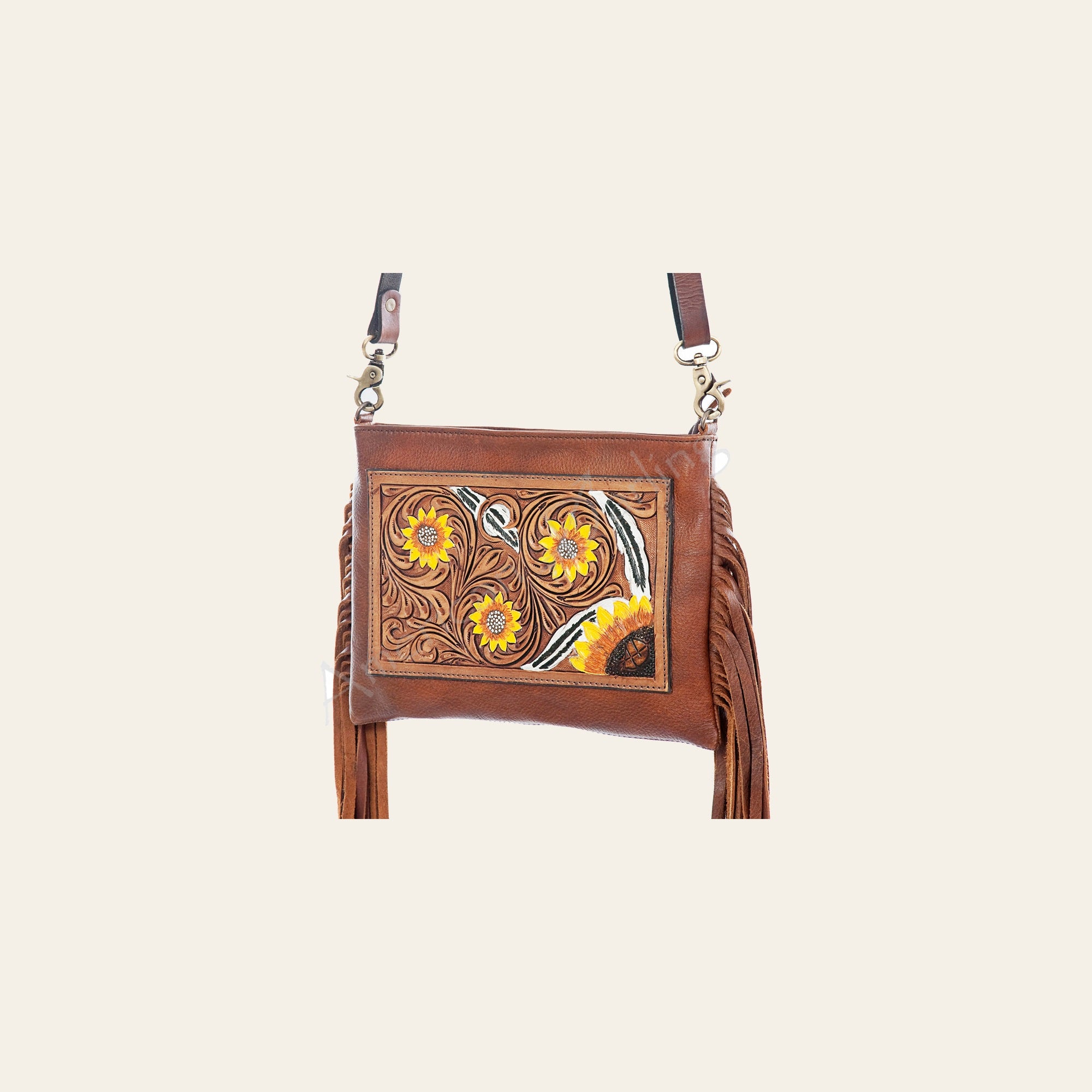 American Darling Large Cross body Bag Hand Tooled Floral Carved Genuine Leather with Fringes Western Purse