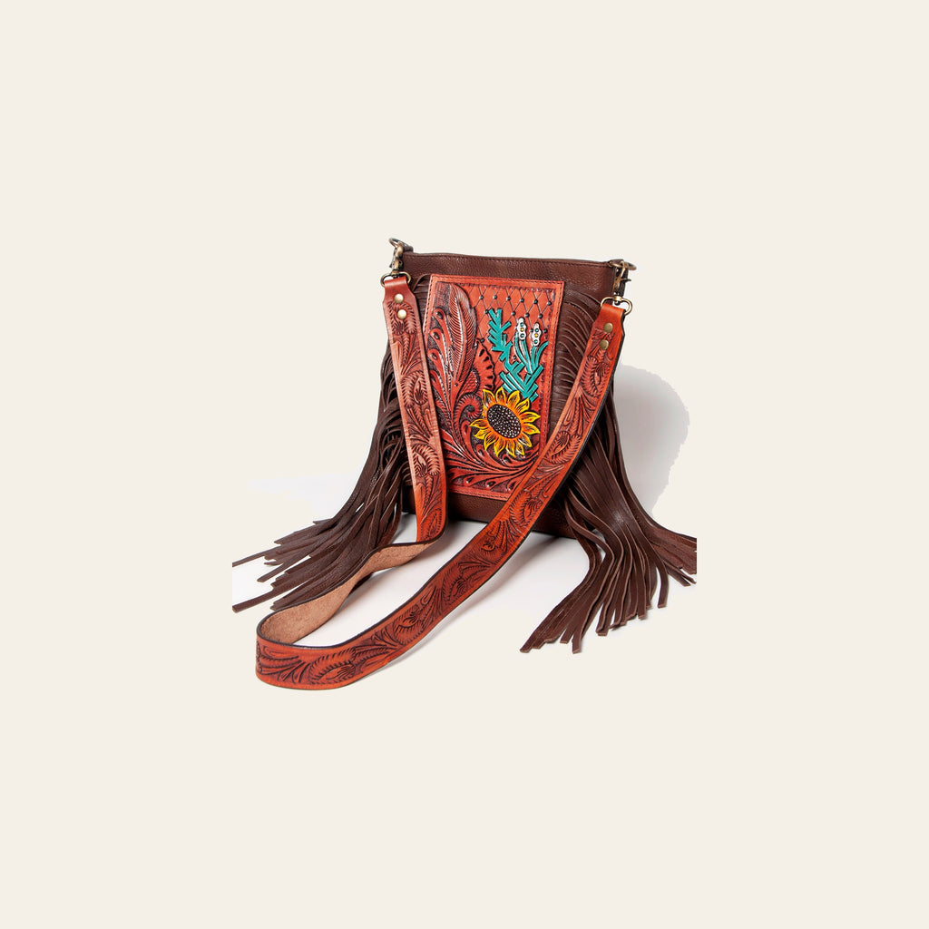 American Darling Cross body Bag Hand Tooled Floral Carved Genuine Leather with Fringes Western Purse