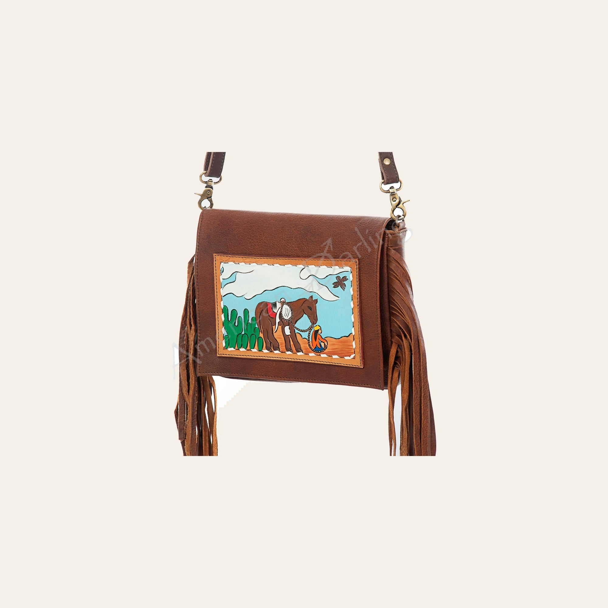 American Darling Small Cross body Bag Hand Tooled Buck Stitched Genuine Leather with Fringes Western Purse