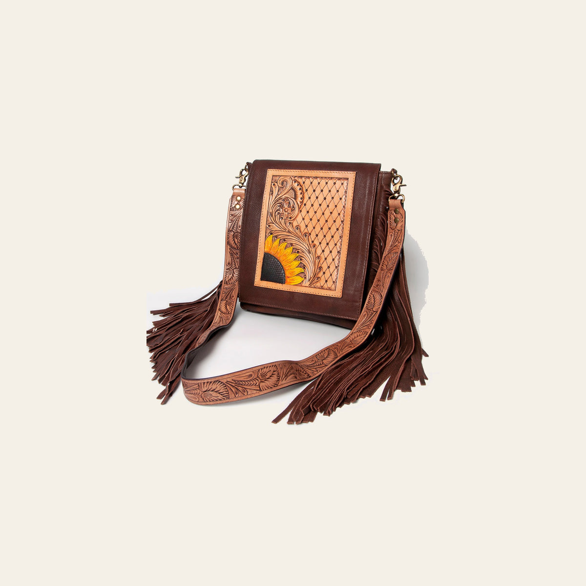 American Darling Cross body Bag Hand Tooled Floral Carved Genuine Leather with Fringes Western Purse