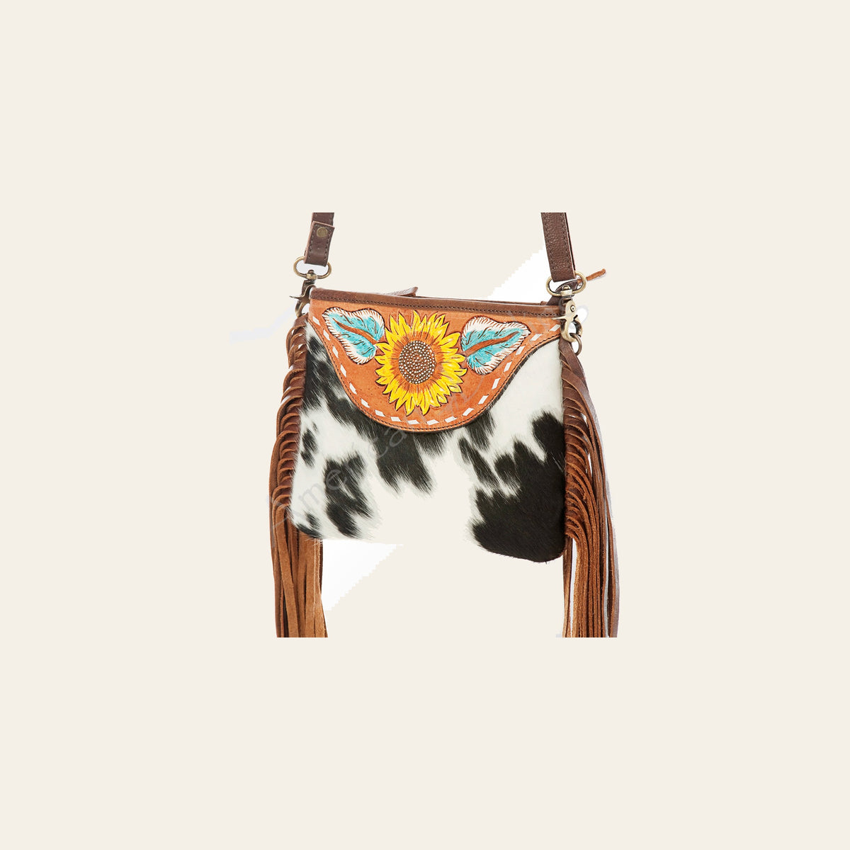 American Darling Messenger Bag Hair-On Cowhide Hand Tooled Genuine Leather with Fringes Western Purse